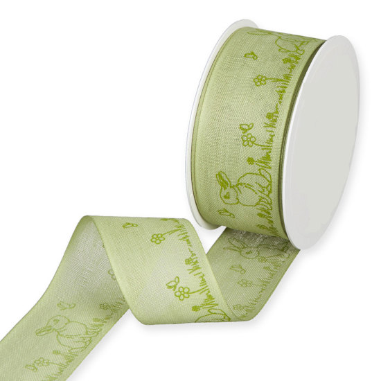 Grönt dekorband med kaniner och fjärilar i gruppen Krans & Floristtillbehör / Textilband & Snören / Dekorband / Gröna band hos Kransmakaren.se (1419-040-290-16)
