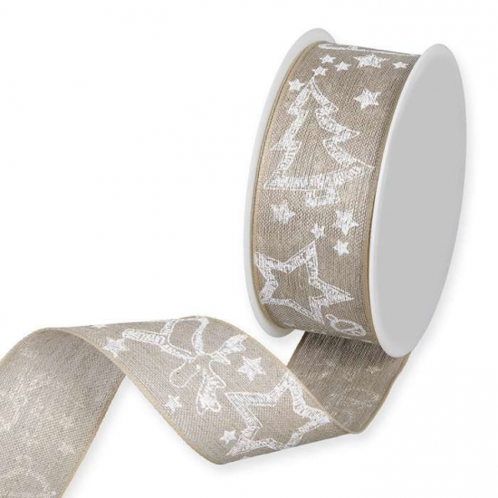 Dekorband med julmotiv Natur/Vit 15 meter i gruppen Krans & Floristtillbehör / Textilband & Snören / Dekorband / Cremefärgade band hos Kransmakaren.se (1652-040-11-15)