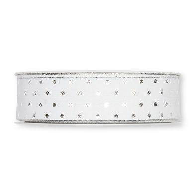 Textilband i vitt med silverfärgade prickar, bredd 25 mm