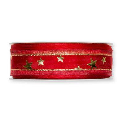 Rött dekorband med stjärnor i guld, 25 mm
