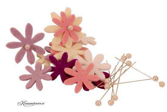 Blommor, mix, med vita nålpärlor- set. 6-8 cm i gruppen Pynt & dekorationer / Småpynt / Blommor hos Kransmakaren.se (747025-12)