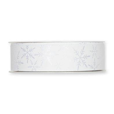 Dekorband vit med silvergrå snöflingor. 25 mm (3 meter) i gruppen Krans & Floristtillbehör / Textilband & Snören / Dekorband / Vita band hos Kransmakaren.se (929-025-11-20-3)