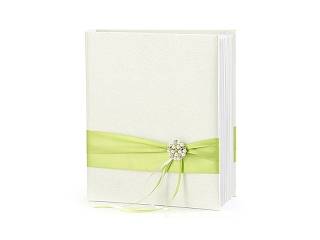 Gästbok, cremefärgad satin, grönt band, 45 sidor