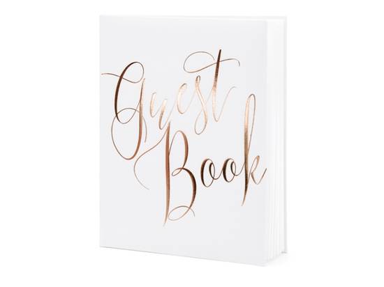 Gästbok, vit med text i roséguld. 22 sidor i gruppen Bröllopstillbehör / Festliga dekorationer / Gästböcker hos Kransmakaren.se (KWAP58-008-019R)