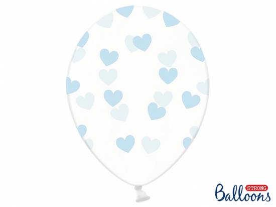 6 st klara latexballonger med ljusblå hjärtan