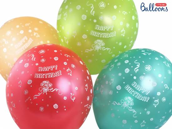 Ballonger,  mixade färger med texten Happy Birthday, 30 cm. (50 st) i gruppen Festtillbehör / Ballonger / Ovala Ballonger hos Kransmakaren.se (SB14M-131-000)