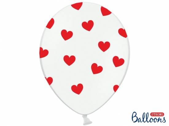 6 st vita latexballonger med röda hjärtan
