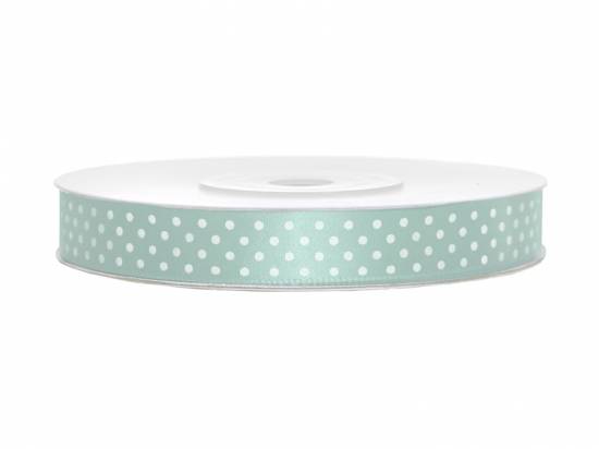 Satinband, 25 m, mintgrön med vita prickar
