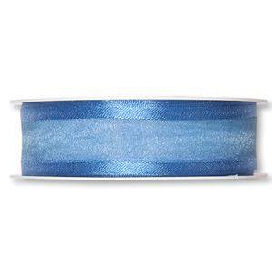 Organzaband med dekorkant, Blå. 25mm. 25 meter