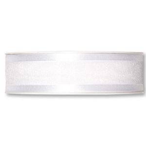 Organzaband med dekorkant, Vit. 25mm. 5 meter