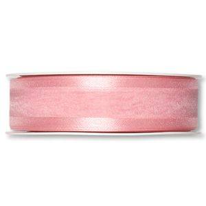 Organzaband med dekorkant, Rosa. 25mm. 5 meter