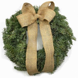 Julkrans med rosett av juteväv. Diameter ca 36 cm