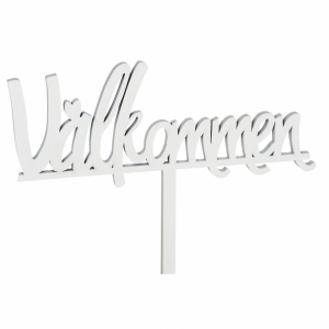 Välkommen skylt  pinne, kursiv text, vit  18 x 7 cm