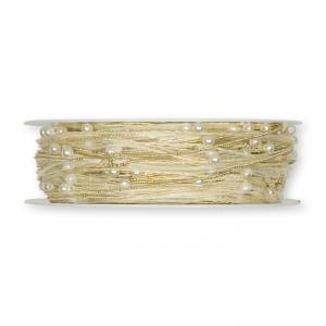 Organzaband, beige och guld med pärlor, 5 mm x 15 m