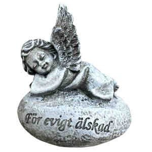 Ängel i grått på sten med texten För evigt älskad, ca 9 cm