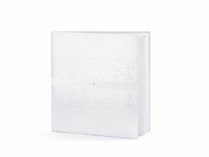 Gästbok, pärlvit med pärlvitt ornament och vitt chiffong-band, 22 sidor