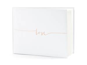 Gästbok, vit med guldroséfärgad text