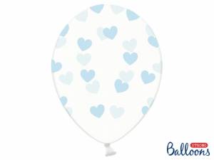 Ballonger, genomskinliga med ljusblå hjärtan, 6-pack