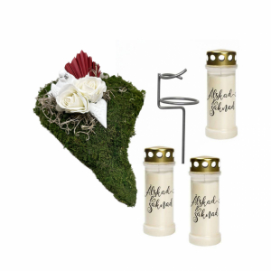 Gravdekoration med 3 gravljus med text och 1 ljushållare