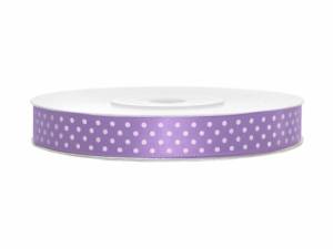 Satinband. Lila med vita prickar. 25 m
