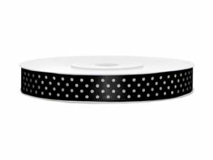Satinband. Svart med vita prickar, 12 mm ( 25 m )