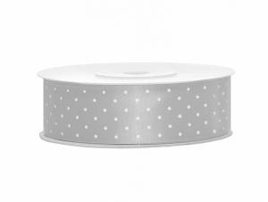 Satinband, Silverfärgat med vita prickar. 25 mm ( 25 m )
