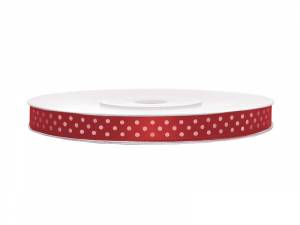 Satinband. Rött med vita prickar. 6 mm ( 25 m )