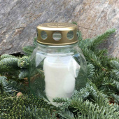 Gravlykta av glas med guldlock. Brinntid ca 48h Gravlykta av glas med guldlock. Brinntid ca 48h