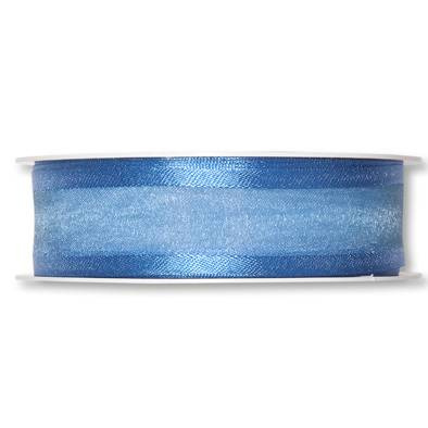 Organzaband med dekorkant, Blå. 25mm. 5 meter