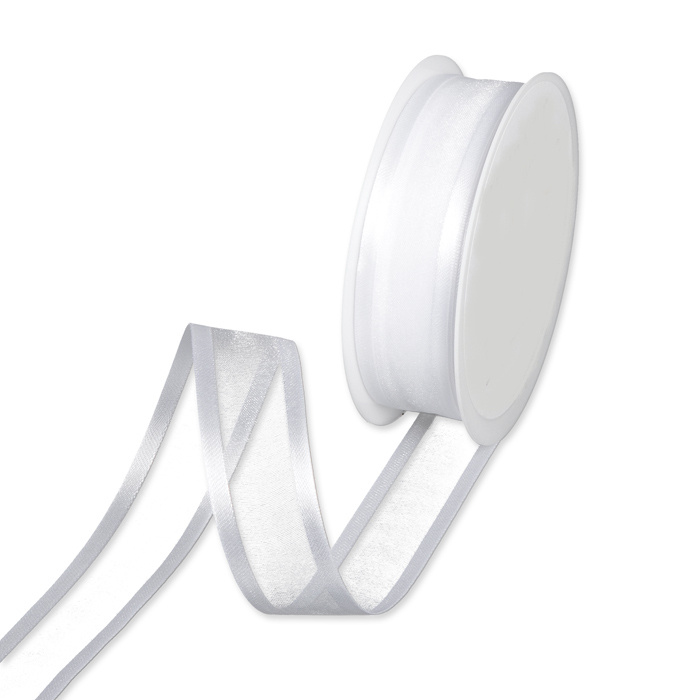 Organzaband med dekorkant, Vit. 25mm. 25 meter