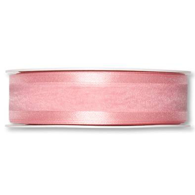Organzaband med dekorkant, Rosa. 25mm. 1 meter