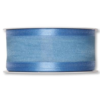 Organzaband med dekorkant, Blå. 40mm. 5 meter