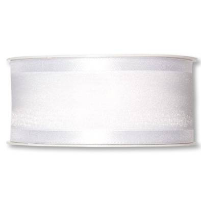 Organzaband med dekorkant, Vit. 40 mm. 25 meter