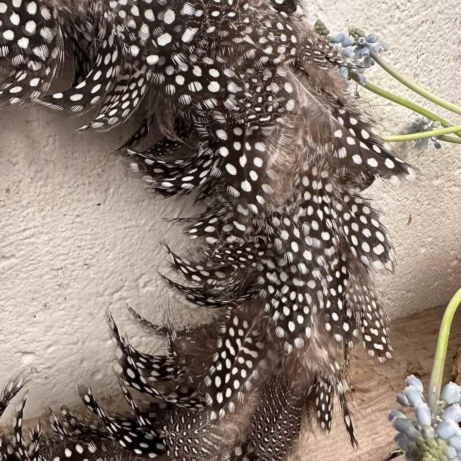 Krans med fjädrar. ca 30 cm.