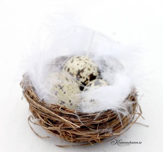 Fågelbon med 3 vaktelägg, 8x8cm.