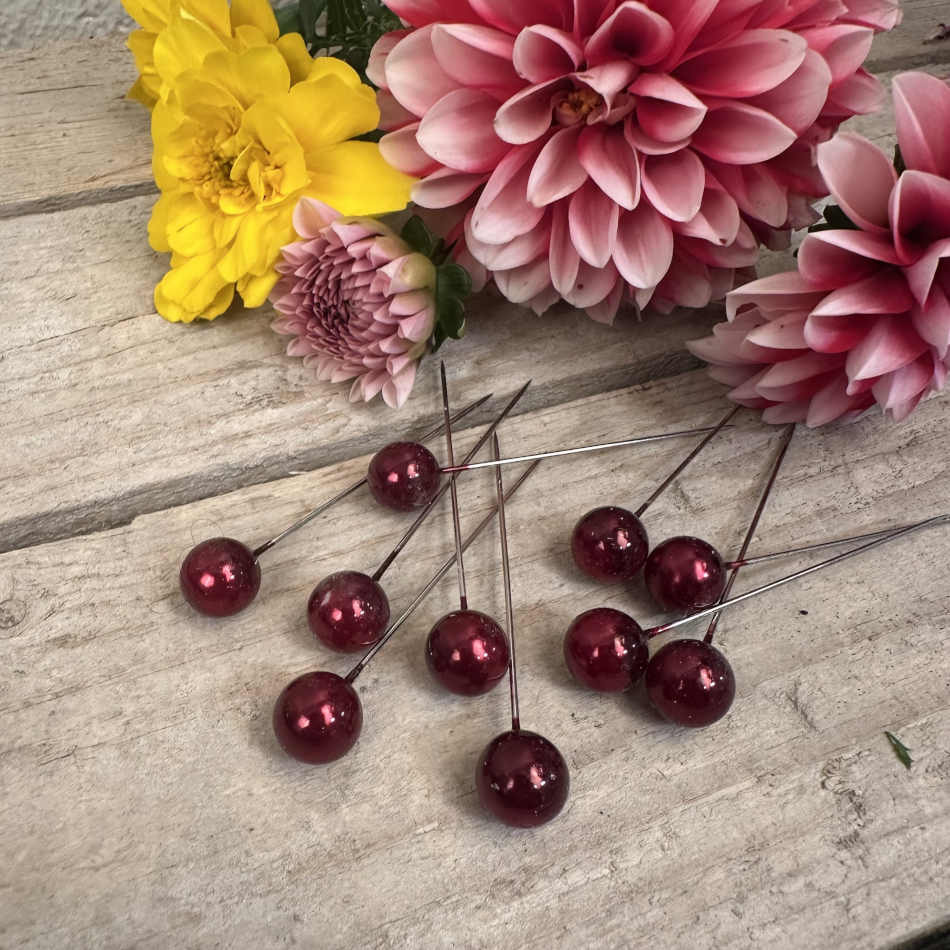 Pärlnålar, röda, 10mm, 10 st