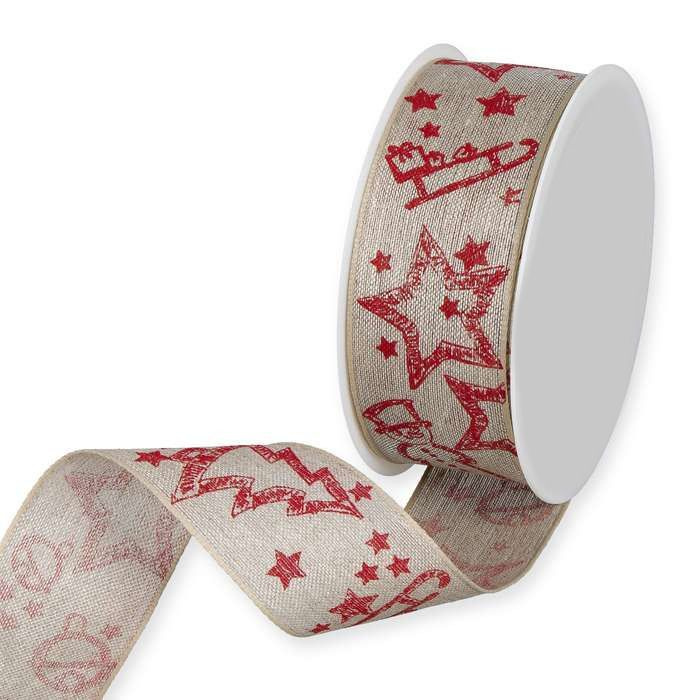 Dekorband med julmotiv Natur/Röd 2 meter