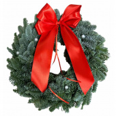 Krans med vita pärlor och röd rosett Krans med vita pärlor och röd rosett