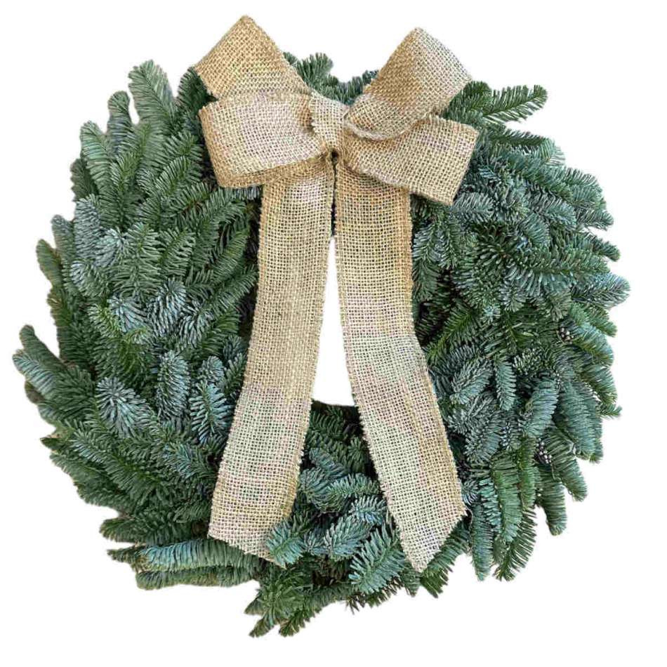 Julkrans med rosett av juteväv. Diameter ca 26 cm