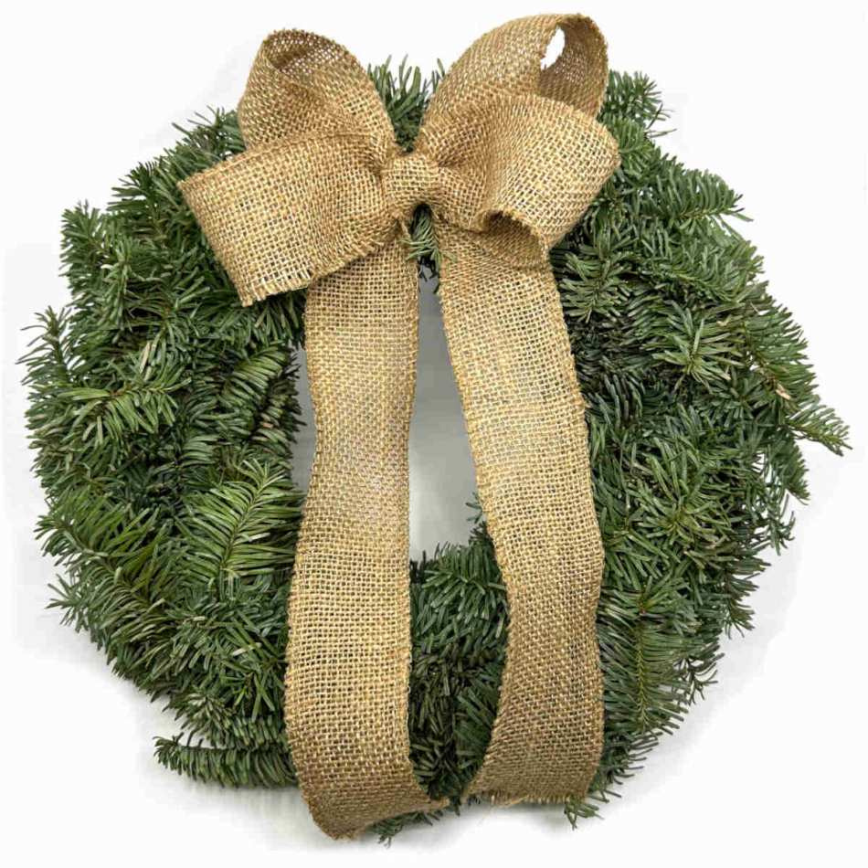 Julkrans med rosett av juteväv. Diameter ca 36 cm