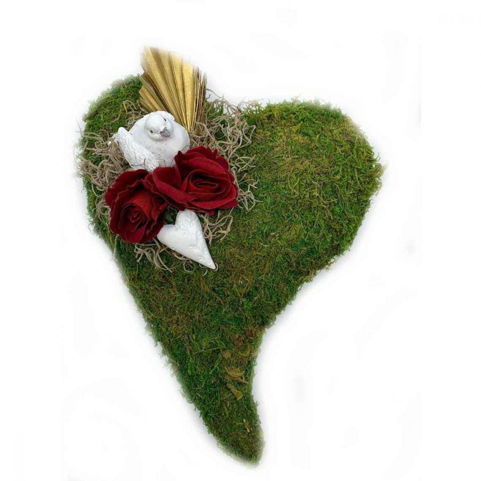 Mosshjärta med fågel och rosor