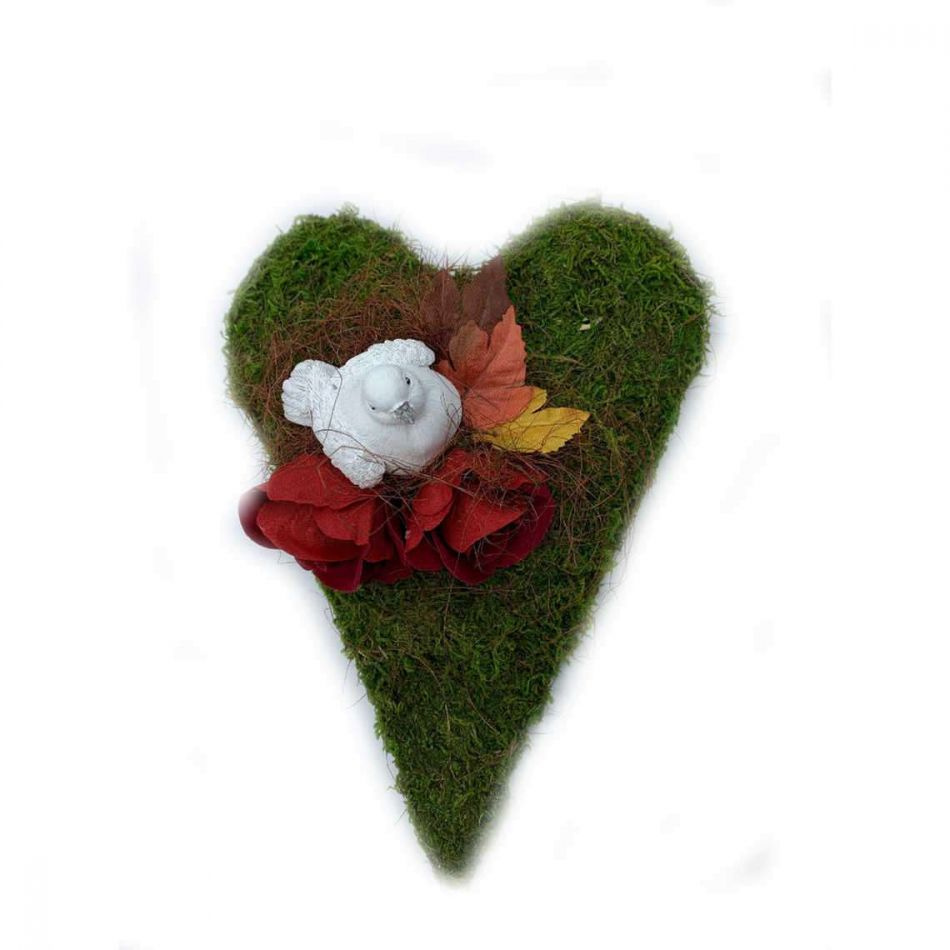 Mosshjärta med rosor, duva och löv