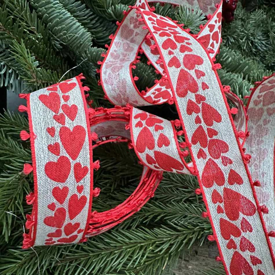 Beige band med röda hjärtan, 35mm (3m)