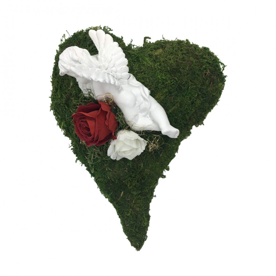 Mosshjärta med ängel och rosor