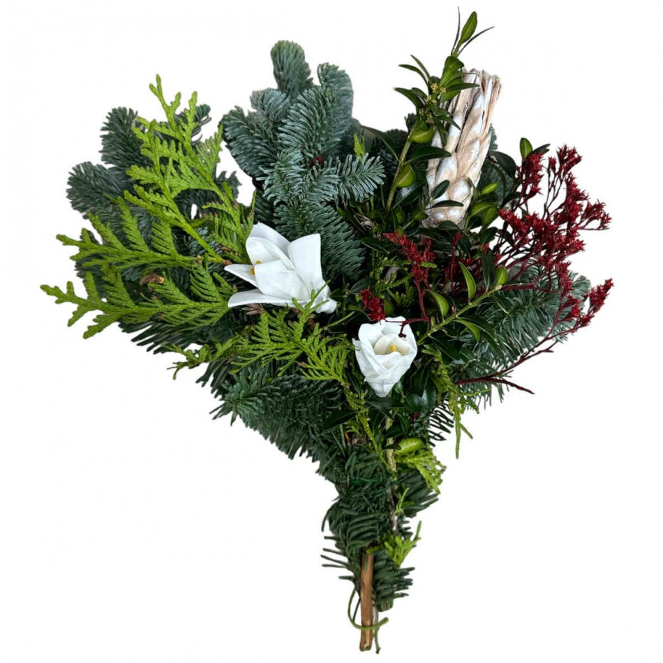 Ädelrisbukett med blommor och gravvas