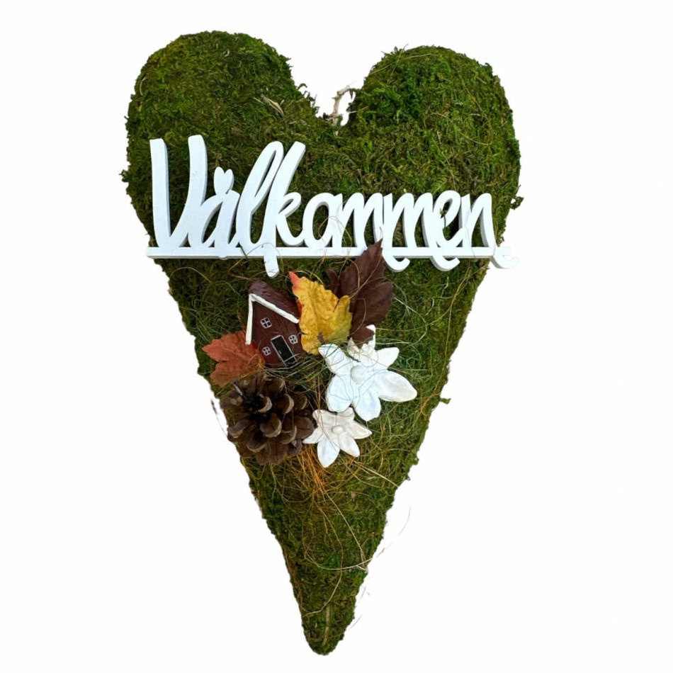 Mosshjärta med Välkommen, löv, hus och blommor ca 34 x 22cm