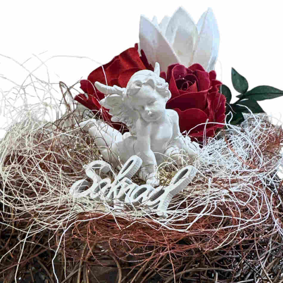 Hjärta av salim med rosor, ängel och skylt Saknad