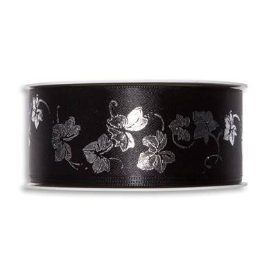 svart satinband med löv i silver 40 mm bred