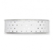 Vitt textilband med silverfärgade prickar, bredd 25 mm Dekorband med silvriga prickar, 25 mm bred