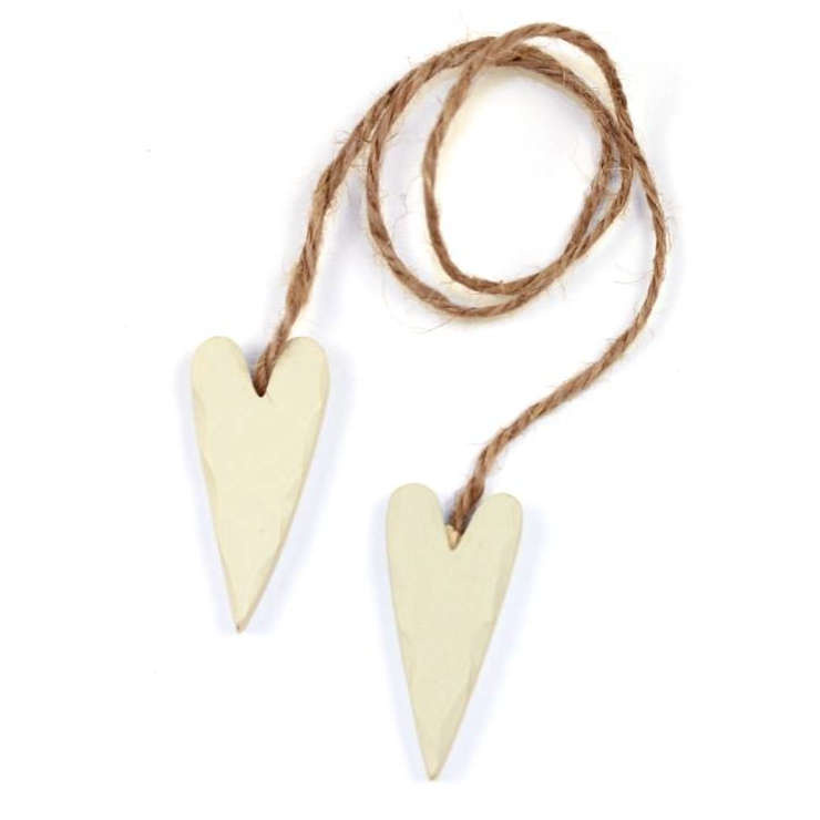 Hjärtan 2 st på natursnöre. Olivfärgade